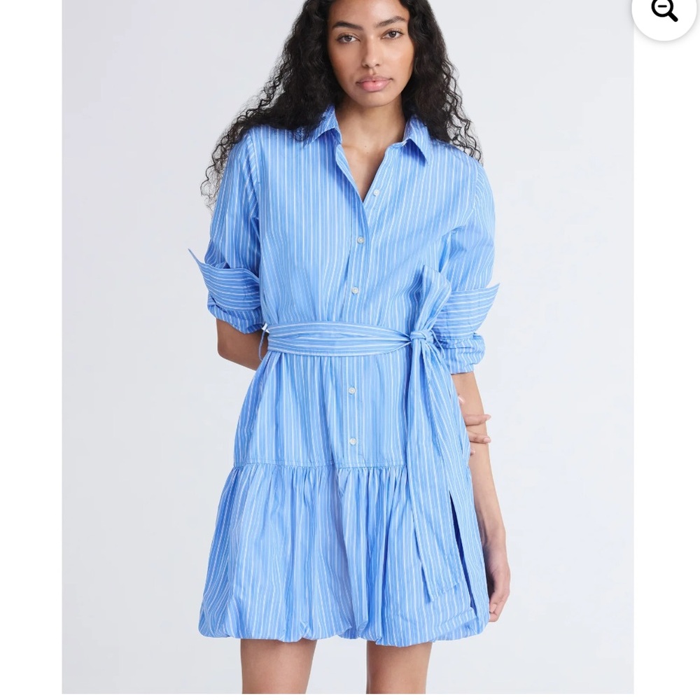 Nwt Free Assembly Cotton Dress Mini Bubble Hem Belted Long Sleeves Dress XL Blue - Picture 2 of 7